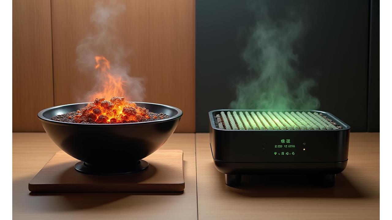 伝統的な紺炉と最新のスマートグリルが並ぶ対比