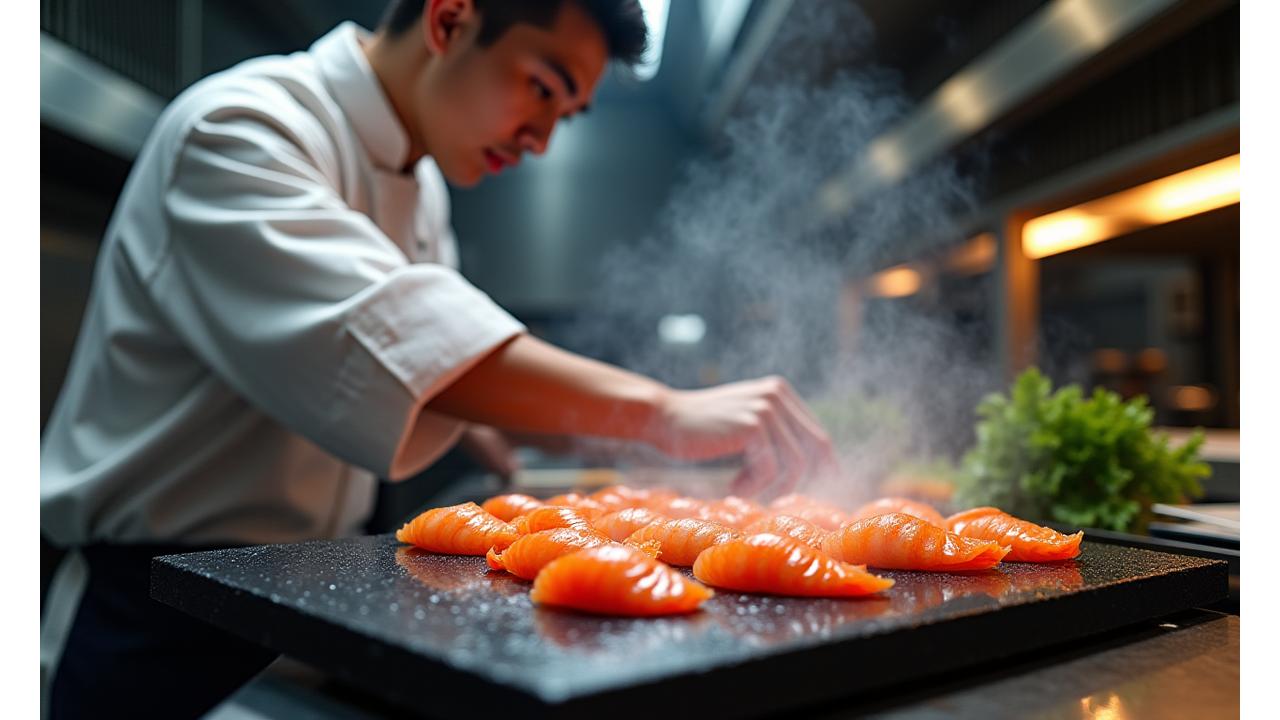 高級レストランのシェフがパールスモークの特注紺炉グリルで新鮮な魚介を完璧に焼き上げている様子