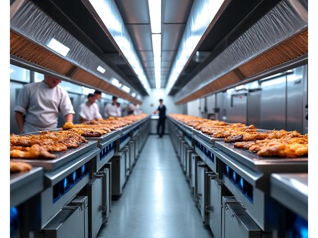 複数のキッチンで統一されたパールスモーク製のグリルが稼働し、効率的に料理を生産する様子