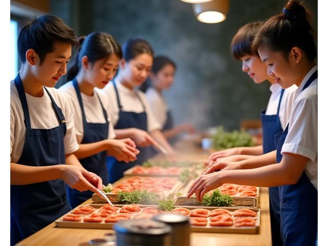 料理教室で参加者が熱心にパールスモークのグリルを使って魚介の調理を学ぶ様子
