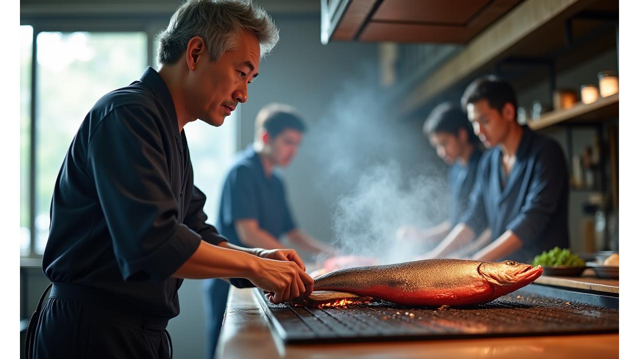 プロ料理人が指導する和式海鮮グリルワークショップの様子
