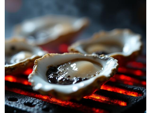 紺炉で新鮮な牡蠣が殻付きで焼かれている様子。炎が牡蠣の縁を照らし、旨味が凝縮されている雰囲気を表現。