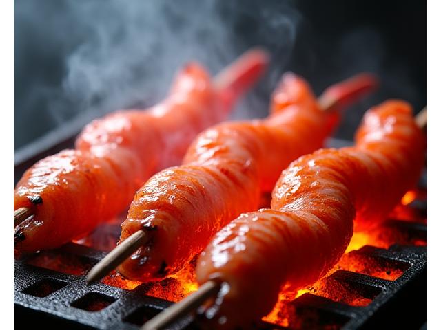 特製の海鮮串に刺されたエビが紺炉で焼かれ、鮮やかな赤色になっている様子。煙が立ち上り、食欲をそそる。