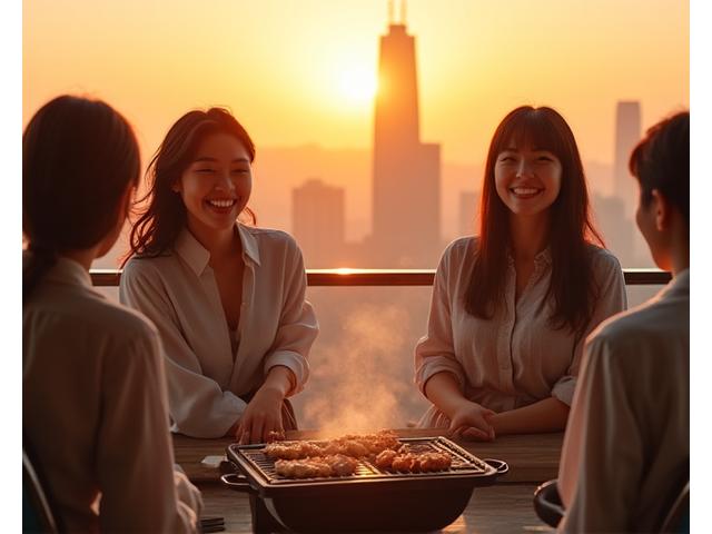 マンションの屋上で、友人たちが夕焼けを背景にパールスモークのグリルを使って楽しんでいる様子
