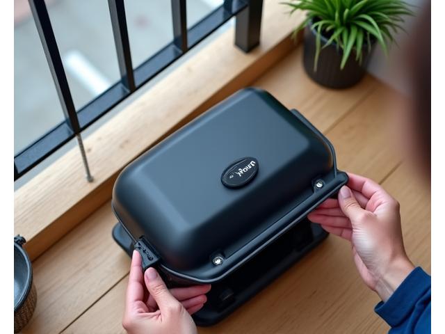 折りたたみ式の家庭用グリルが広げられ、狭いバルコニーに設置されている様子