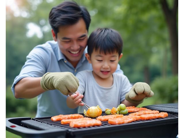 子供が目を輝かせながら、親と一緒に家庭向けグリルで海鮮を焼いている楽しそうなシーン