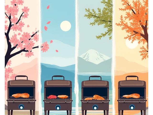 日本の美しい四季（桜の春、海の夏、紅葉の秋、雪景色の冬）それぞれの季節に合わせた家庭用グリルでのBBQシーン