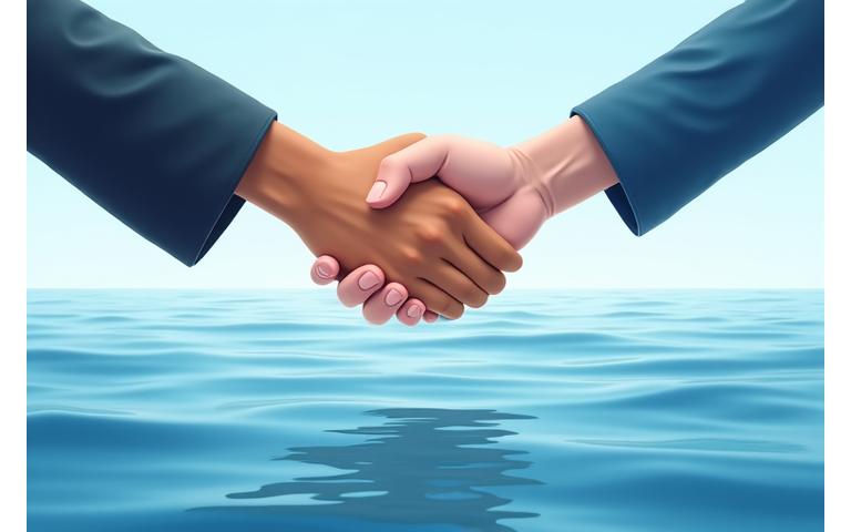 信頼を築く握手と海のグラデーション